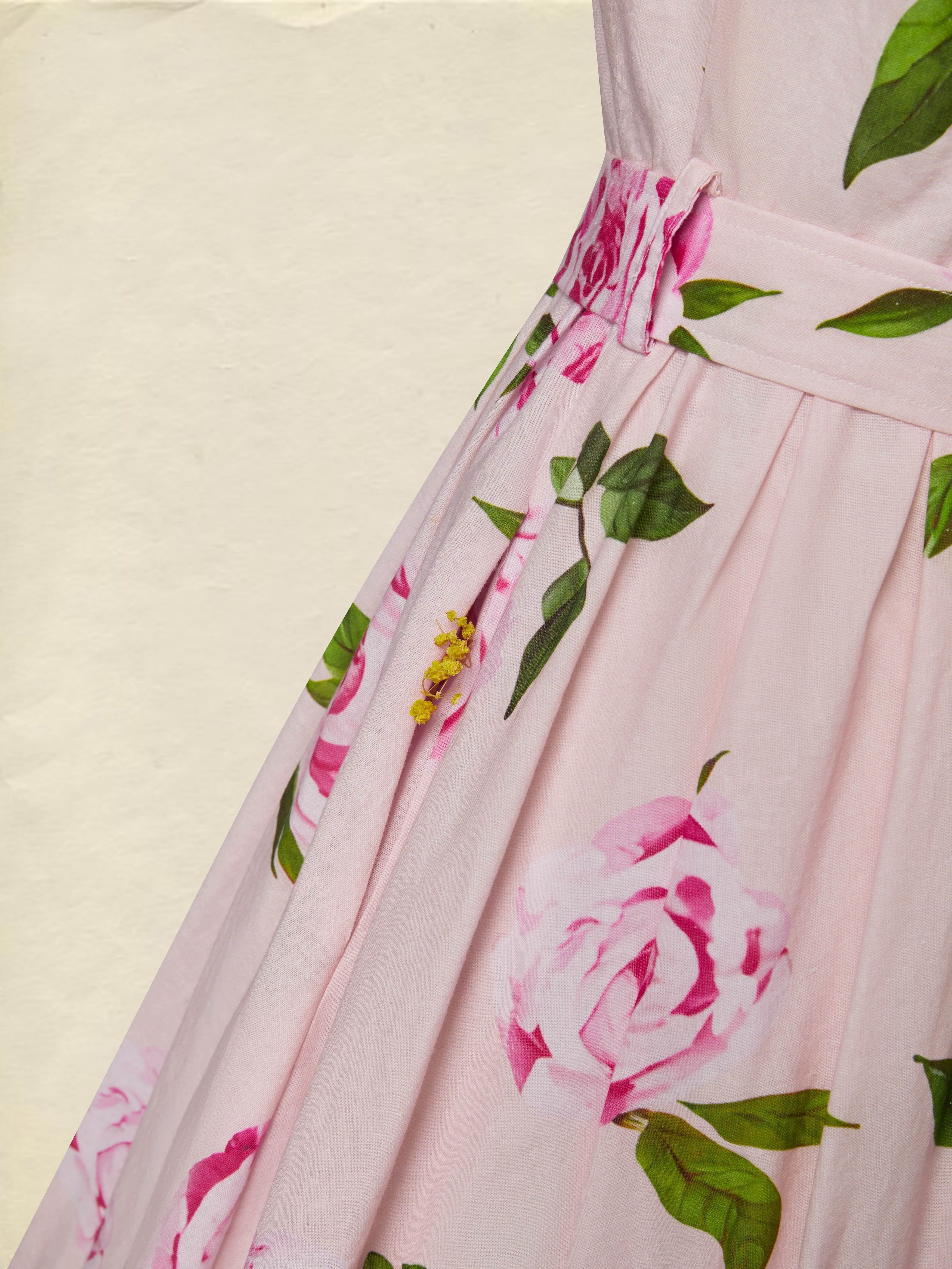 Midi Linen Dress , Long Sleeves, V Neck, Floral, Belt Design, Vacation, Vintage, Light Pink