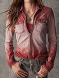 Casual Gradient Wash Faded Red Ombre Zip-Up Denim Shirt