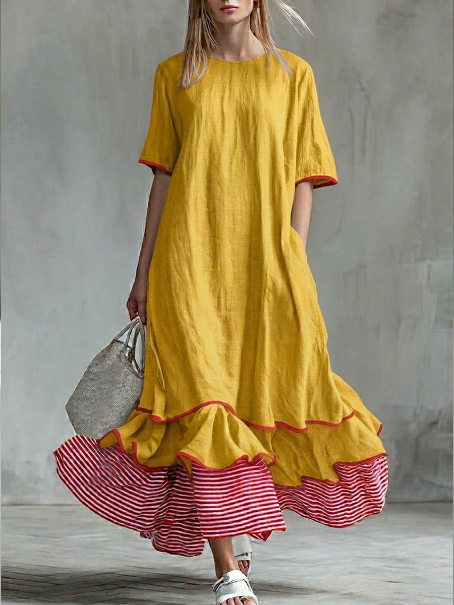 Women’s Patchwork Striped Midi Dress – Casual Red Summer Dress