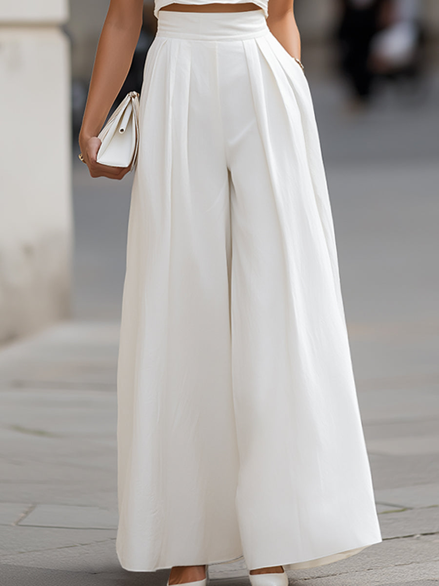 Mock Neck Ruched Crop Top & Wide-Leg Pants Set