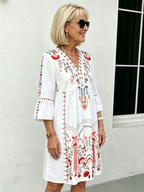V-neck Printed Lace Stitching Bohemian Casual Vacation Style Dress