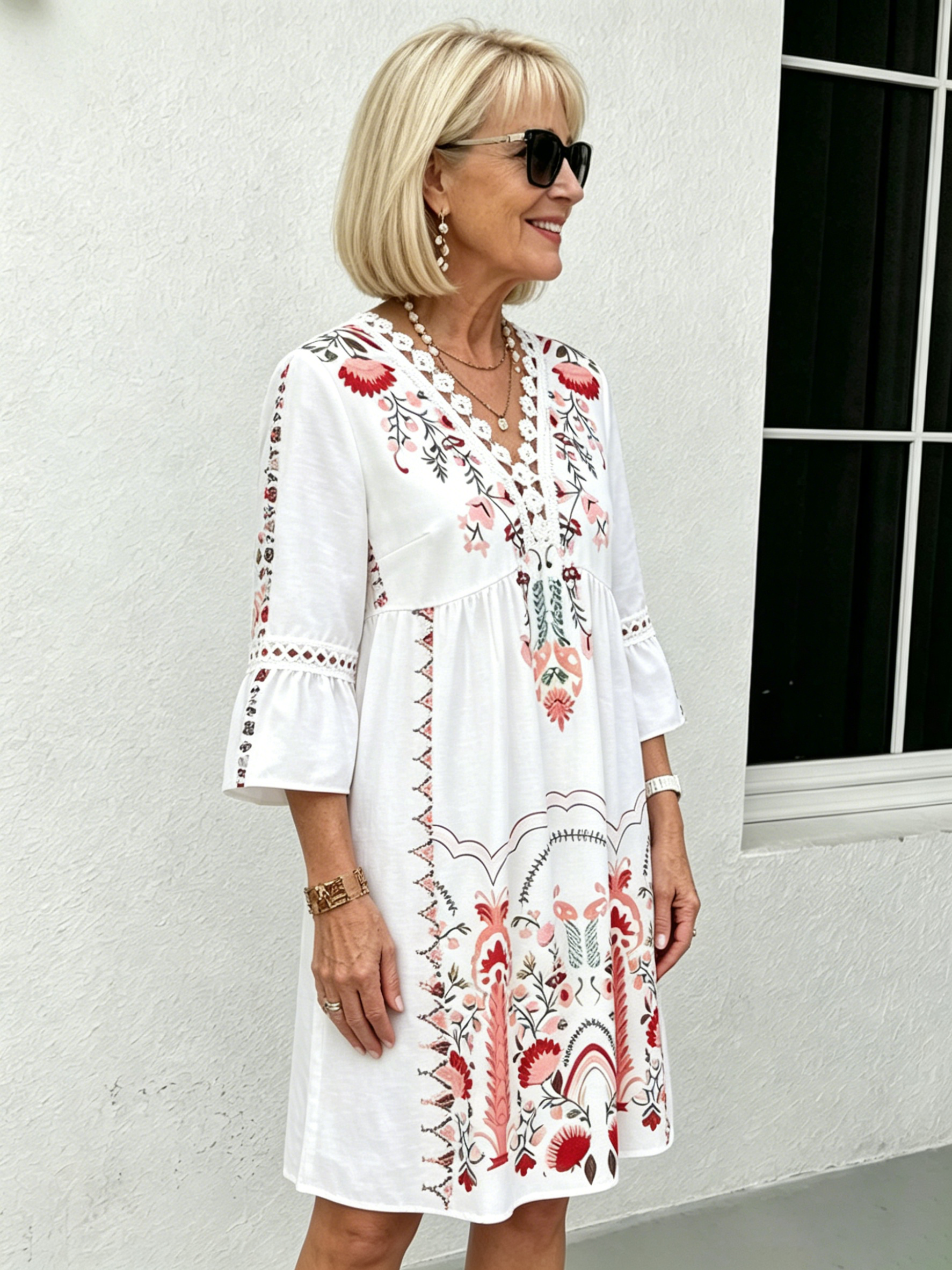 V-neck Printed Lace Stitching Bohemian Casual Vacation Style Dress