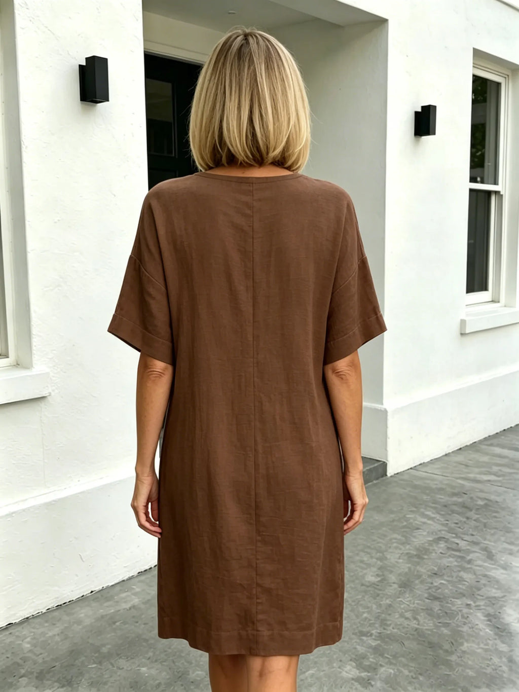Short Sleeve V-Neck Cotton and Linen Loose Summer Dress