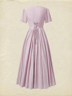 Cotton Maxi Dress, Short Sleeve, V neck, Plain, Vintage, Purple