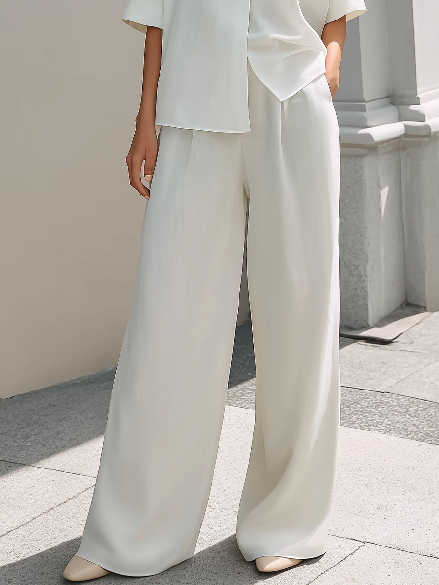 Minimalist Stand Collar Cotton Linen Top And Wide-Leg Pants Set
