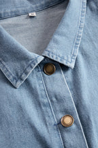 Casual Retro Light Blue Denim Flared Long-Sleeved Wide-Leg Raw Edge Jumpsuit