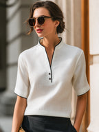 Contrast Trim Notch Collar Short Sleeve Blouse With Minimal Button Placket