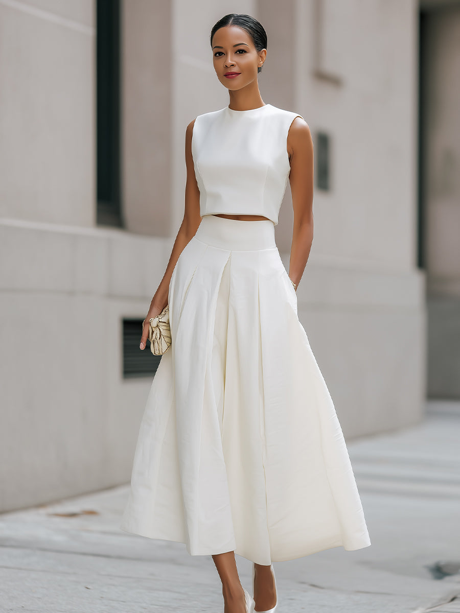 Sleeveless Cropped Top And Pleated Midi Skirt Set