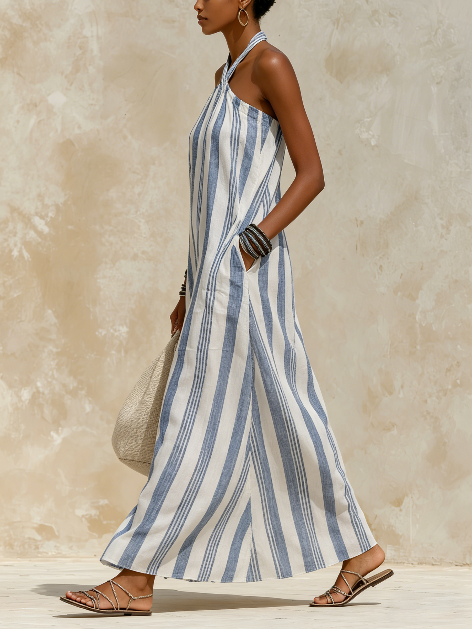 Nautical Striped Halter Maxi Dress - Breathable Linen-Blend Resort Wear