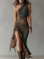 Retro Ethnic Style Printed One-shoulder High Slit Maxi Dress