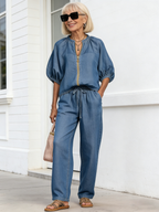 2Pcs Women's Casual Loose Solid Color Zipper Round Neck Wide-leg Pants Suit Women