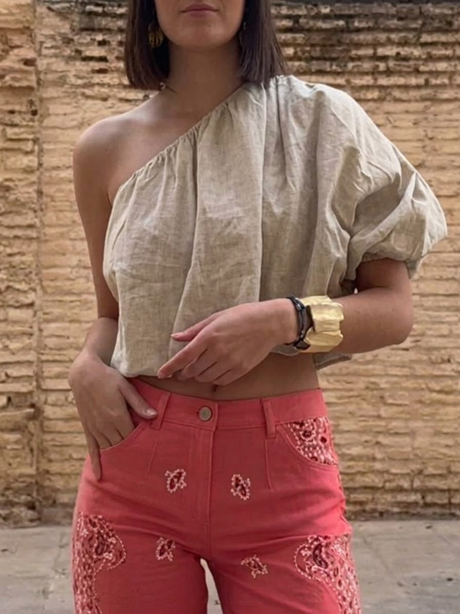 Casual Off-shoulder Linen And Cotton Top
