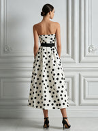 Black & White Polka Dot Strapless A-Line Midi Dress