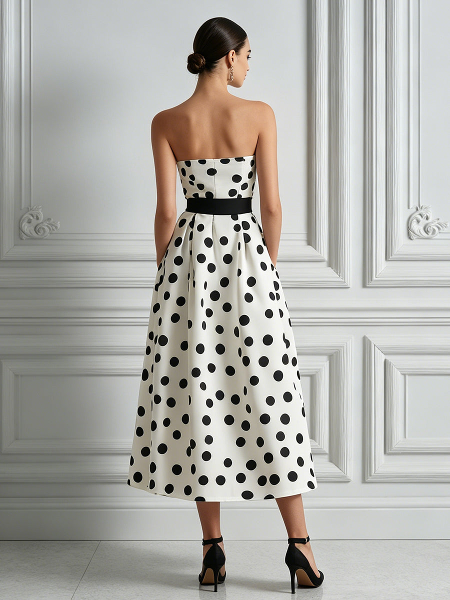 Black & White Polka Dot Strapless A-Line Midi Dress
