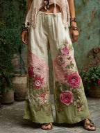 Floral Embroidered Art Print Linen Blend Pants