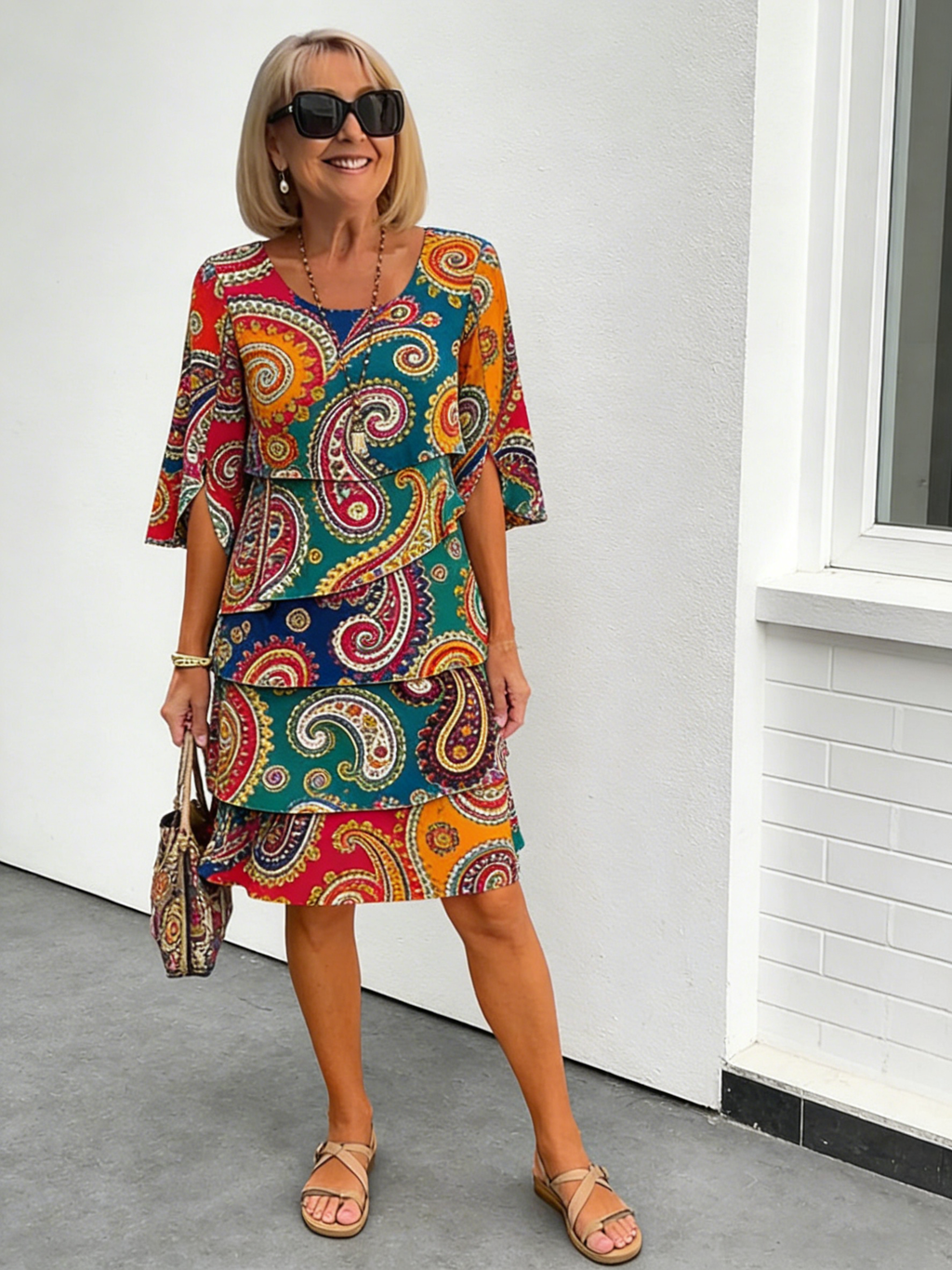 Chiffon Paisley Vacation Prints Color Round Neck Cake Skirt Splicing Dress Mid-length