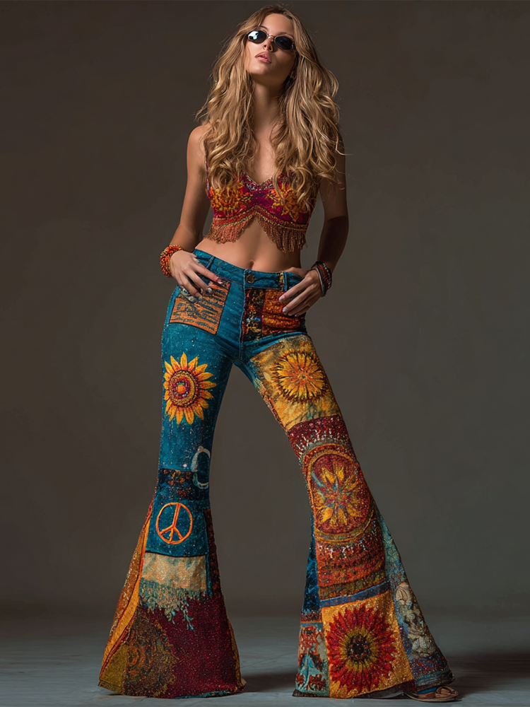 Hippie Bohemian Style Retro Patchwork Design Women's Tight Flared Jeans