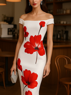 Elegant White Satin Dress with Red Floral Print
