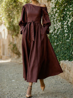 Midi Cotton Dress, Long Sleeves, One Shoulder, Plain, Belt Design, French Vintage, CAMEO BROWN