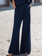 Minimalist High-Neck Draped Blouse & Wide-Leg Trouser Set