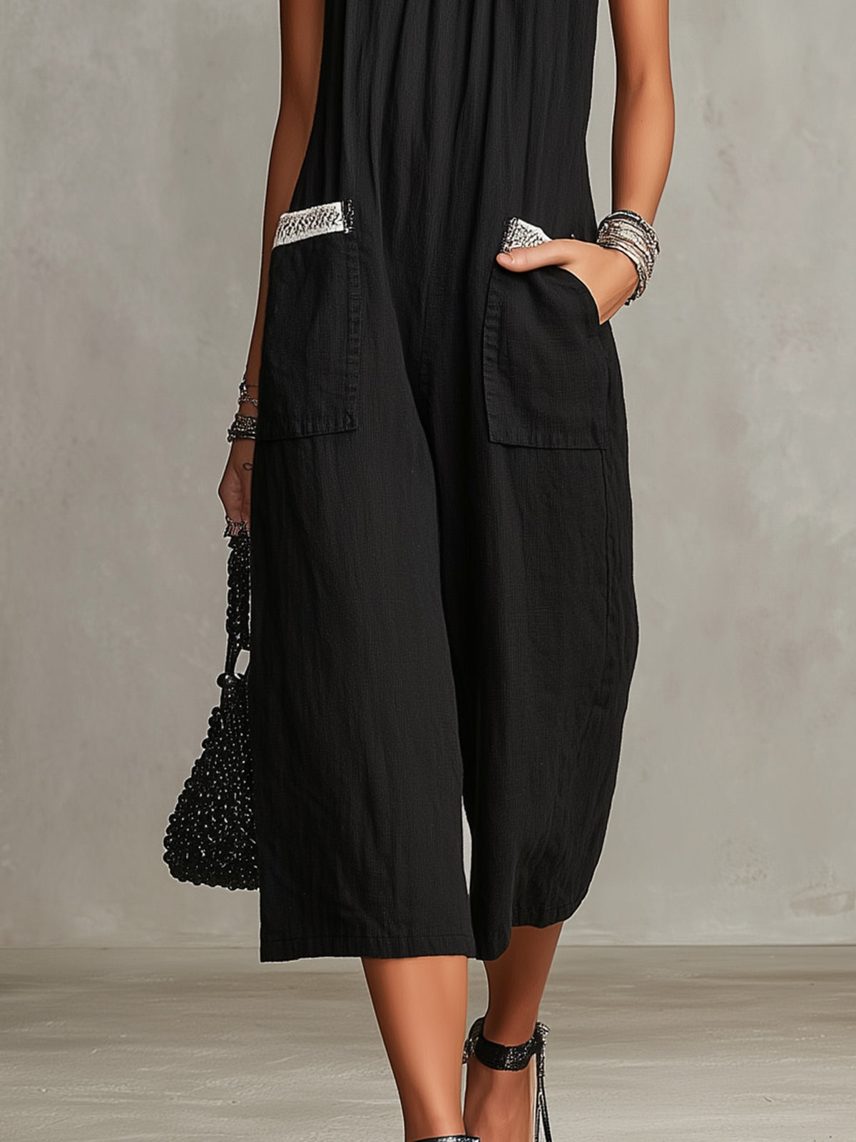 Black Crochet-Trim Wide-Leg Jumpsuit