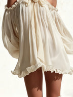 Cream Off Shoulder Chiffon Mini Dress With 3D Flower