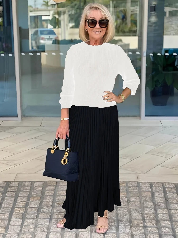 Knitted Long-sleeved Splicing Pleated Dress