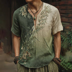 Men's Bamboo Embroidery Gradient V-neck Short Sleeve Linen Blend Shirt