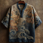 Japanese Dragons Sea Waves Embroidered Ink Art Linen Shirt