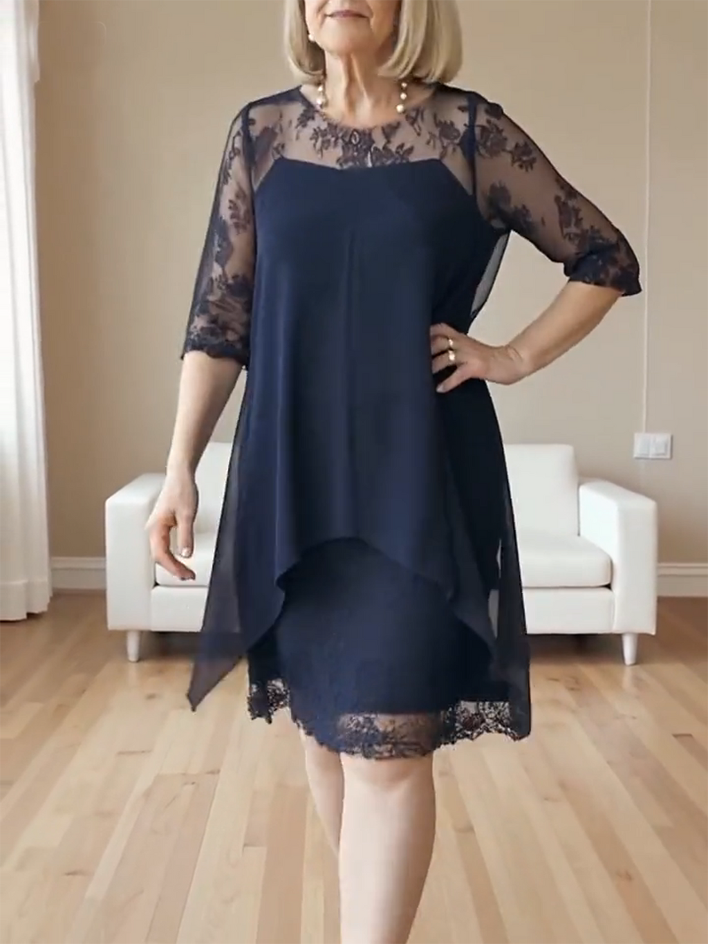 Elegant Lace Splicing Seven-quarter Sleeve Medium and Long Knee-length Chiffon