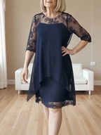Elegant Lace Splicing Seven-quarter Sleeve Medium and Long Knee-length Chiffon