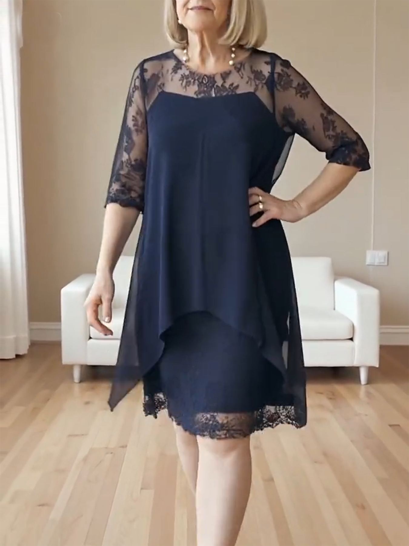 Elegant Lace Splicing Seven-quarter Sleeve Medium and Long Knee-length Chiffon