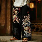 Men's Retro Japanese Dragon With Cherry Blossoms Art Linen Pants