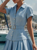 Cotton Set , Short Sleeves, Shawl Collar, Plain, Button Design, Vintage, Blue