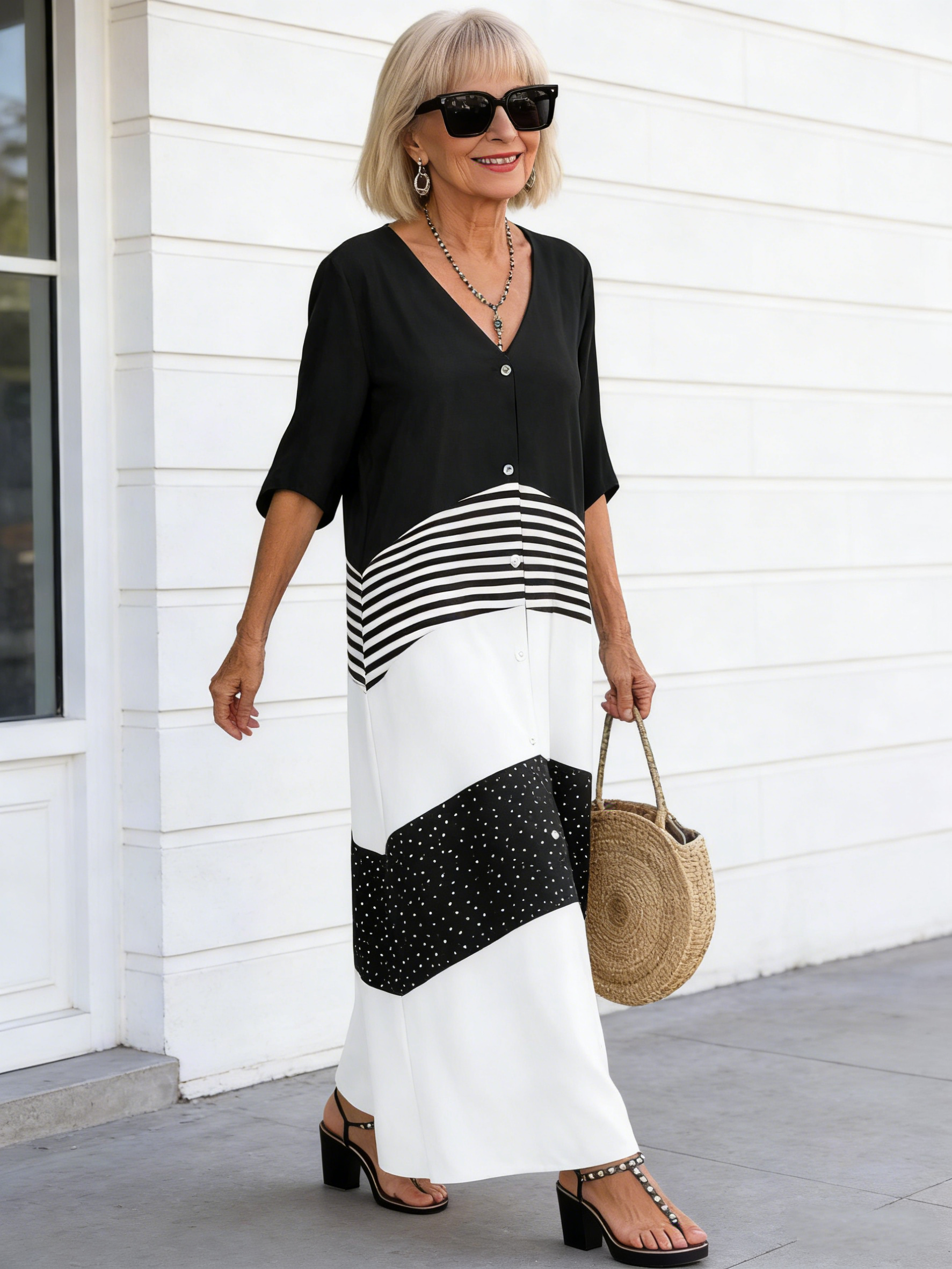 V-Neck Short Sleeve Printed Long Dress Button Casual Dress