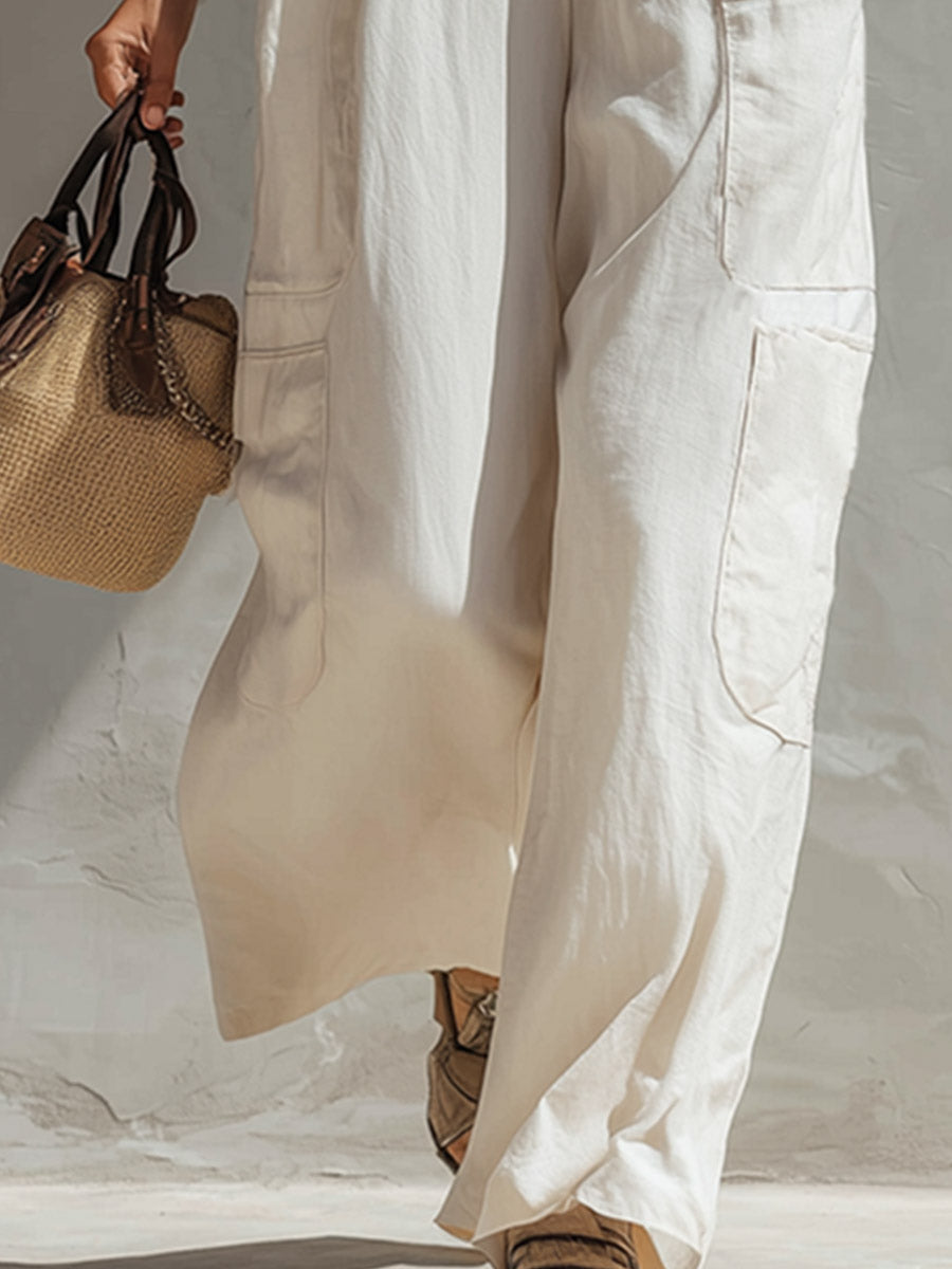 Casual & Simple Off-White Cotton-Linen Sleeveless Multi-Pocket Jumpsuit