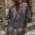 Women's Spring Floral Embroidered Art Print Flowy Linen Blend Casual Tops