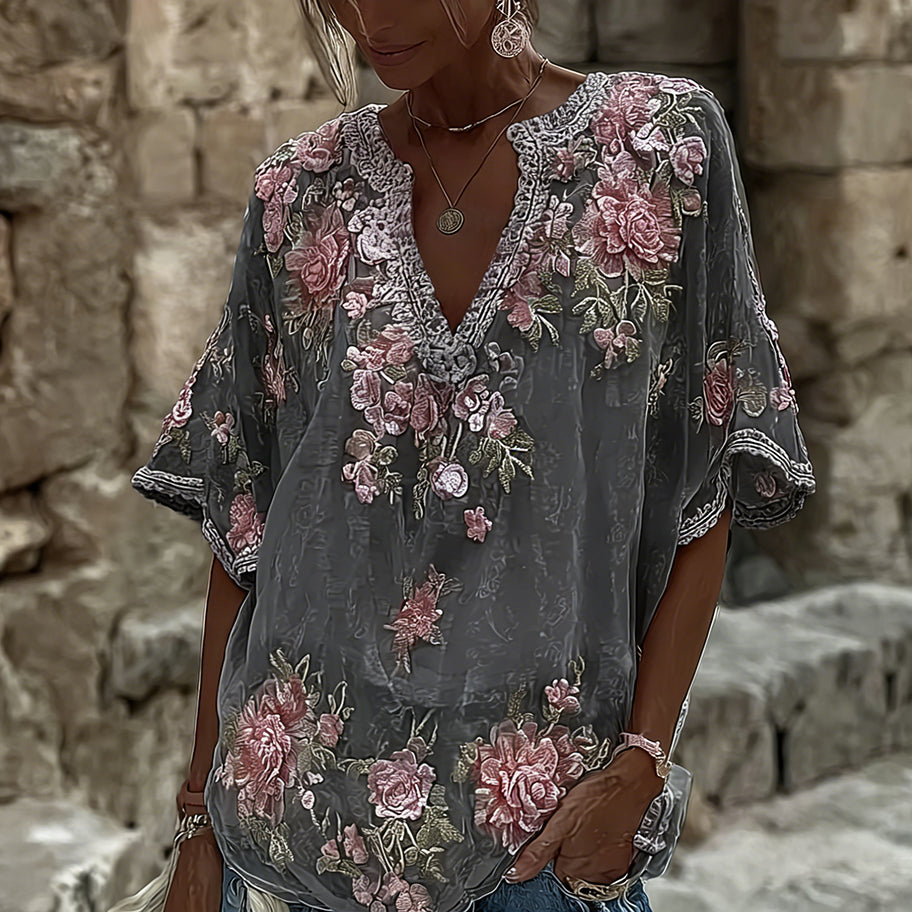 Women's Spring Floral Embroidered Art Print Flowy Linen Blend Casual Tops