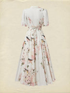 Linen Maxi Dress, Balloon Sleeve, Shawl Collar, Floral, Vintage, White