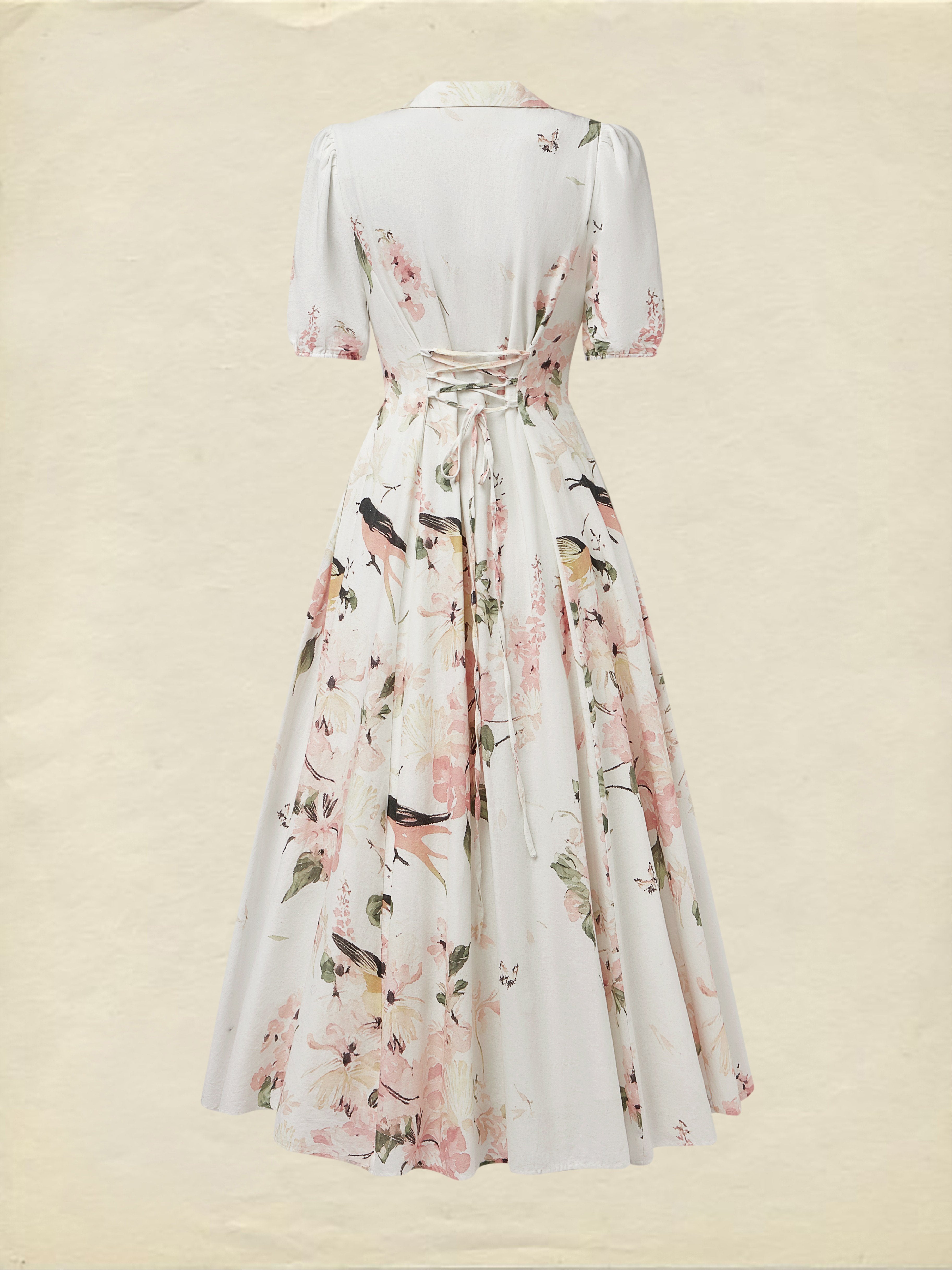 Linen Maxi Dress, Balloon Sleeve, Shawl Collar, Floral, Vintage, White