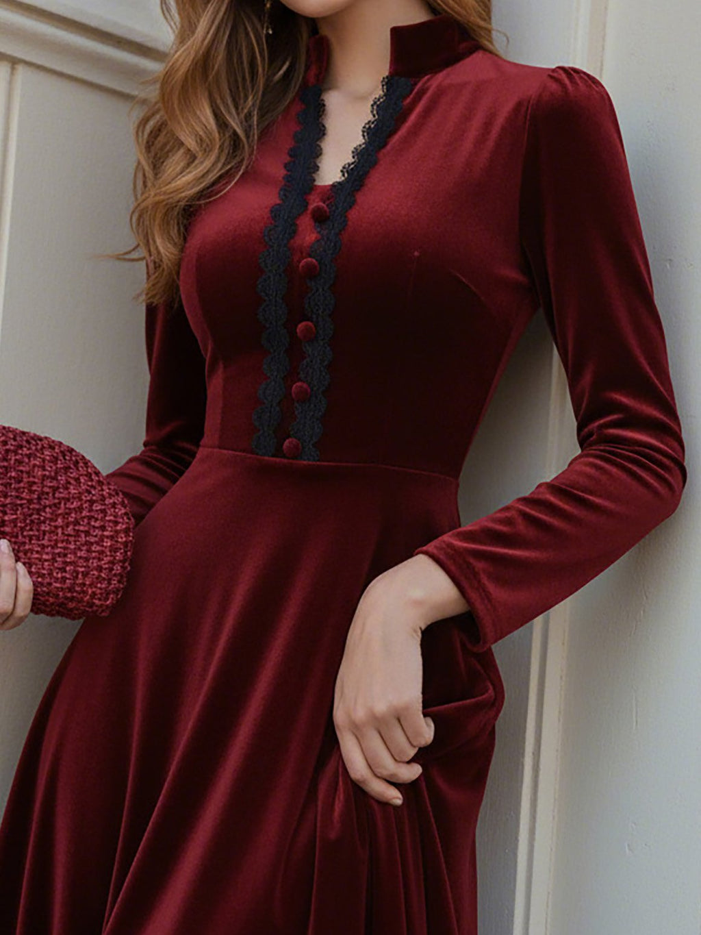 Midi Cotton Dress, Long Sleeves, Stand Collar, Plain, Lace, French Vintage, Wine Red