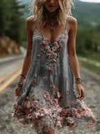 Vintage Boho Floral Embroidery Art Linen Mini Caimi Dress