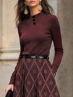 Midi Dress, Wool Top with Cotton Skirt, Long Sleeves, Stand Collar, Plaid, Belt Design, Vintage, Wine Red