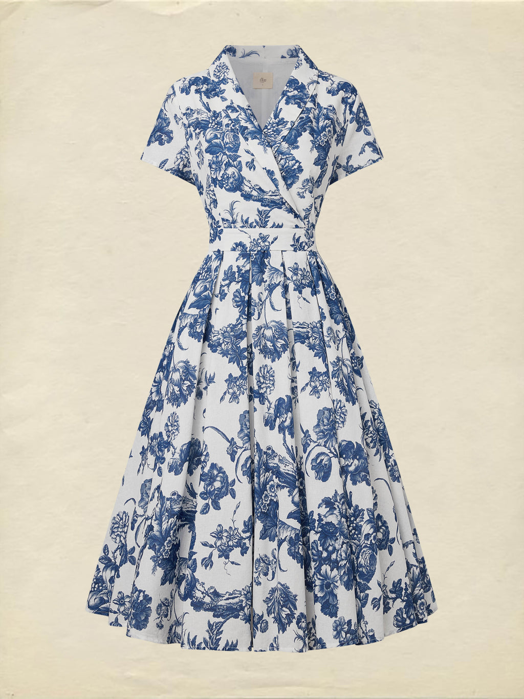 Midi Linen Dress , Short Sleeves, Shawl Collar, Floral, Vacation, Vintage, Blue
