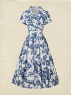 Midi Linen Dress , Short Sleeves, Shawl Collar, Floral, Vacation, Vintage, Blue