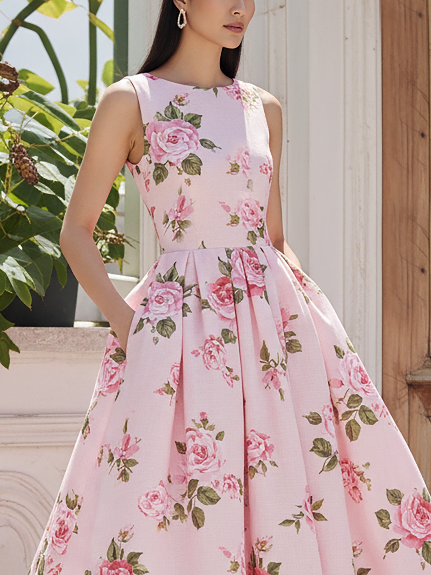 Midi Linen Dress, Sleeveless, Round Neck, Floral, Pocket Design, Vintage, Pink