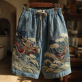 Men's Japanese Dragon Art Linen Casual Shorts