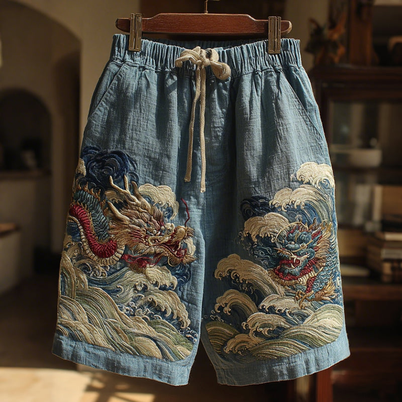 Men's Japanese Dragon Art Linen Casual Shorts