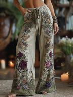 Classy Purple Lavender And Floral Embroidered Art Linen Pants