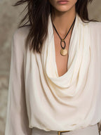 Vintage Draped Neckline Ruffled Cuffs Chiffon Blouse